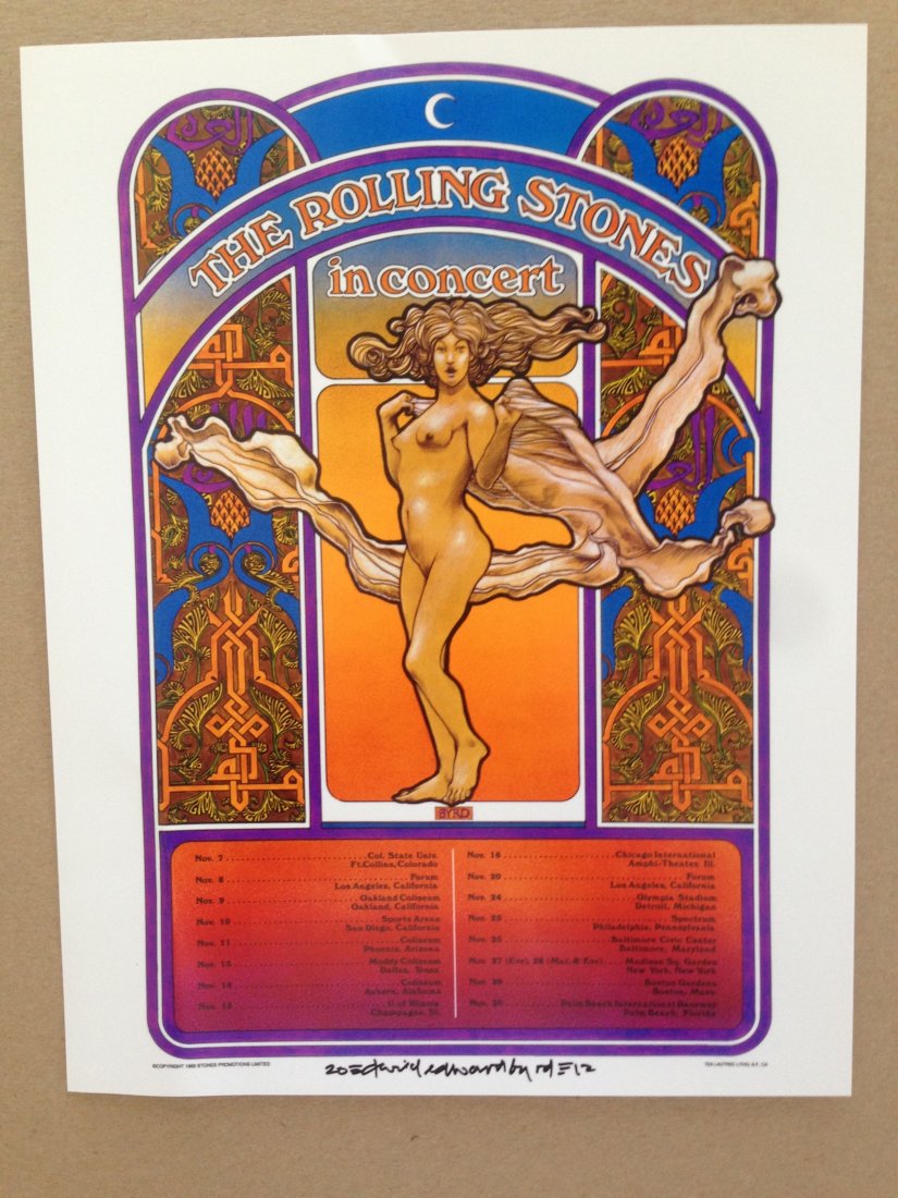 ROLLING STONES TOUR HANDBILL - 1969 - DAVID EDWARD BYRD: ROLLING STONES TOUR HANDBILL - 1969 - DAVID EDWARD BYRD. Small handbill with all locations the concert was played at. Signed by Artist. Small creased in bottom left corner.