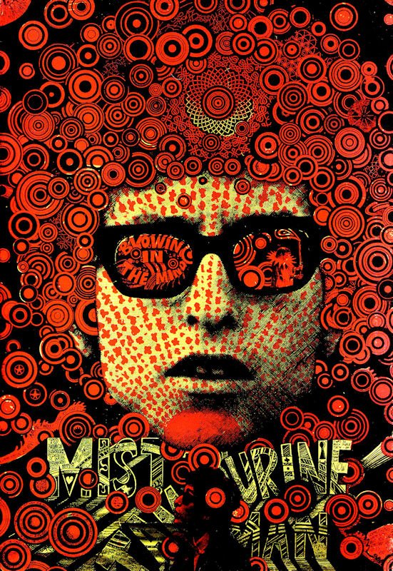 Bob Dylan "Blowing In The Mind" Psychedelic Print: Bob Dylan - "Blowing In The Mind" Psychedelic Print. 22X28, Unframed. Bob Dylan print "Blowing In The Mind" is a trippy psychedelic design. Features the words "Blowing in the Mind" in his glasses. Thi