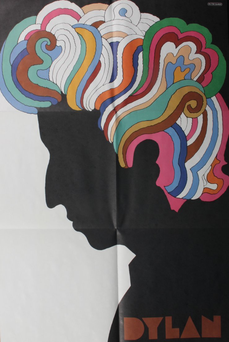 BOB DYLAN ORIGINAL POSTER - FIRST ISSUE: BOB DYLAN ORIGINAL POSTER - FIRST ISSUE: Milton Glaser (American, B. 1929) Bob Dylan offset lithograph poster, artists mark in plate upper right, with folds as issued, 1967. Ht: 33 Width: 21.75. FINE