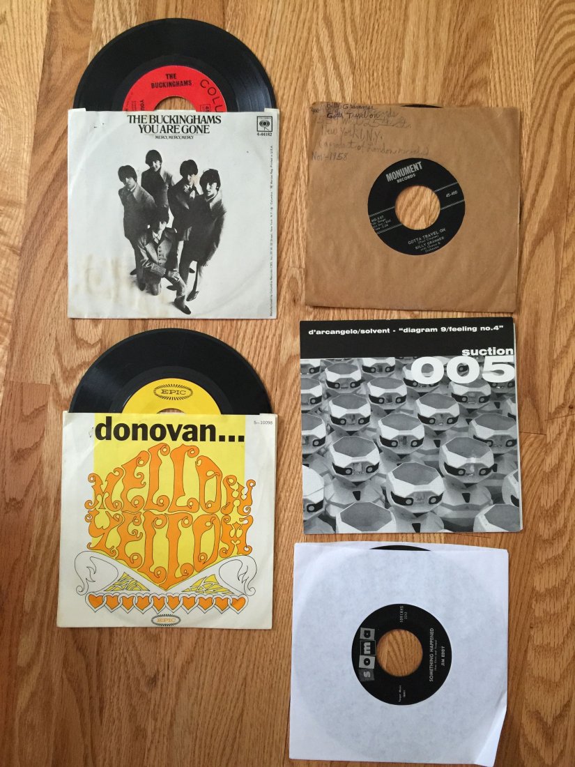 COOL SET OF VINTAGE 45's - Including DONOVAN: COOL SET OF VINTAGE 45's - Including DONOVAN - Mellow Yellow, The Buckinghams, You Are gone and Mercy, Mercy, Mercy - SOMA Recording Artist JIM EDDY, and Monument Records 1958 artist Billy Grammer wit