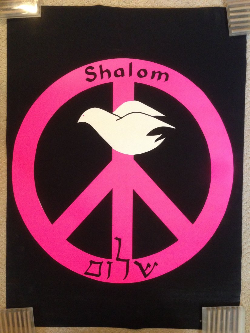 PEACE - LOVE - DOVE - SHALOM BLACKLIGHT POSTER: PEACE - LOVE - DOVE - SHALOM BLACKLIGHT POSTER. 1970 BY HIP PRODUCTIONS IN CHICAGO. Pinholes.