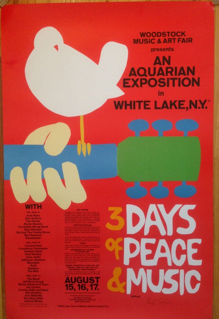 ONE OF A KIND - ARNOLD SKOLNICK OWNED WOODSTOCK: ORIGINAL WOODSTOCK POSTER - SIGNED - DIRECT FROM ARTIST. SEE ALL PICS ! ! ! THIS ORIGINAL WOODSTOCK poster is DIRECT from the artist, Arnold SKOLNICK. This poster is SIGNED by the artist. It is CERTIF