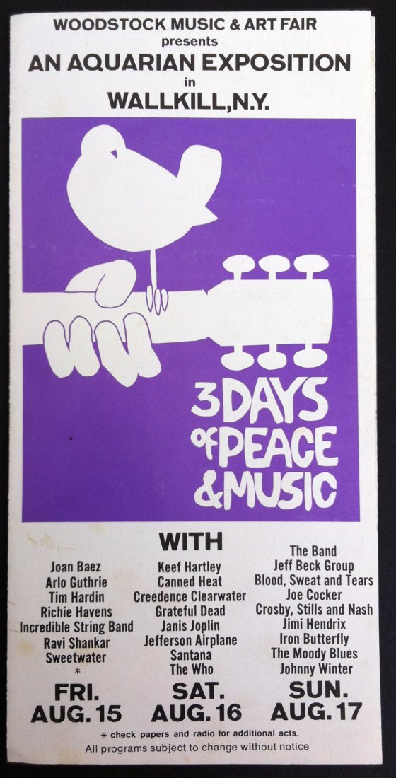 ONE OF A KIND - ARNOLD SKOLNICK OWNED WOODSTOCK PROGRAM: ONE OF A KIND - ARNOLD SKOLNICK OWNED WOODSTOCK PROGRAM AND TICKET ORDER FORM. Designed by Arnold Skolnick. Owned and SIGNED by Artist (if winner desires signature). This is the original flyer that wa