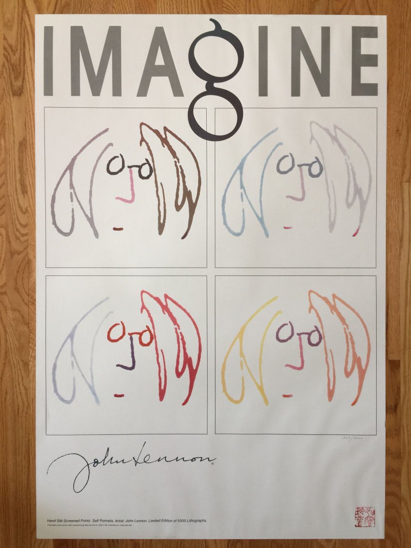 John Lennon Limited Edition Lithograph Poster Self: IMAGINE - JOHN LENNON - Reads: HAND SILK-SCREENED Prints. Signed in plate and numbered #1303 of 5000. 24x36. Near mint. Self-Portrait by John Lennon was used for the Imagine film. This John Lennon "Im