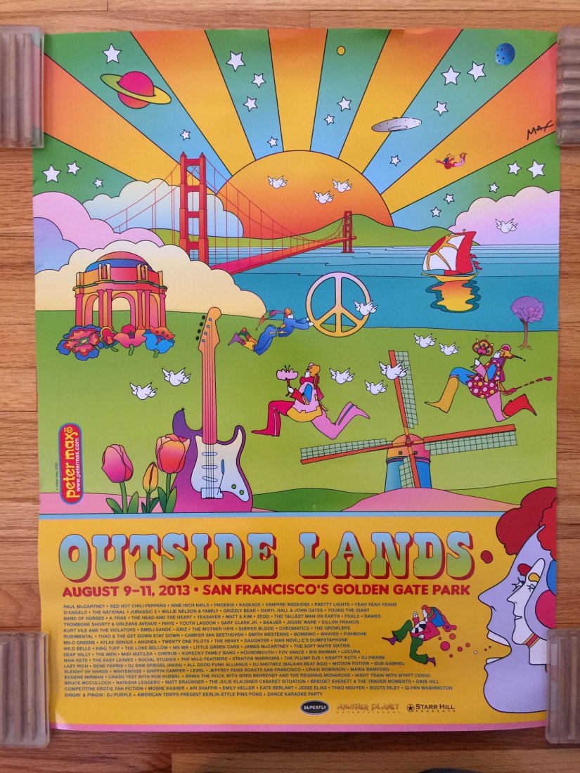 PETER MAX - ORIGINAL OUTSIDE LAND'S CONCERT POSTER !: PETER MAX - ORIGINAL OUTSIDE LAND'S CONCERT POSTER ! About 20 x 30. Near mint with small edge wear at top. VERY HARD TO ACQUIRE POSTER - Only sold at event.