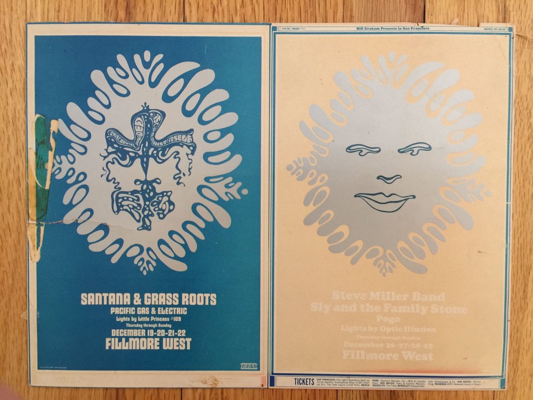UNCUT DOUBLE HANDBILL - FILLMORE WEST - Santana - MORE: UNCUT DOUBLE HANDBILL - FILLMORE WEST - LEFT SIDE OF CARD READS: Santana - Grass Roots, Pacific Gas and Electric. RIGHT SIDE OF CARD READS: Steve Miller Band, Sly and the Family Stone, Pogo.Light edge
