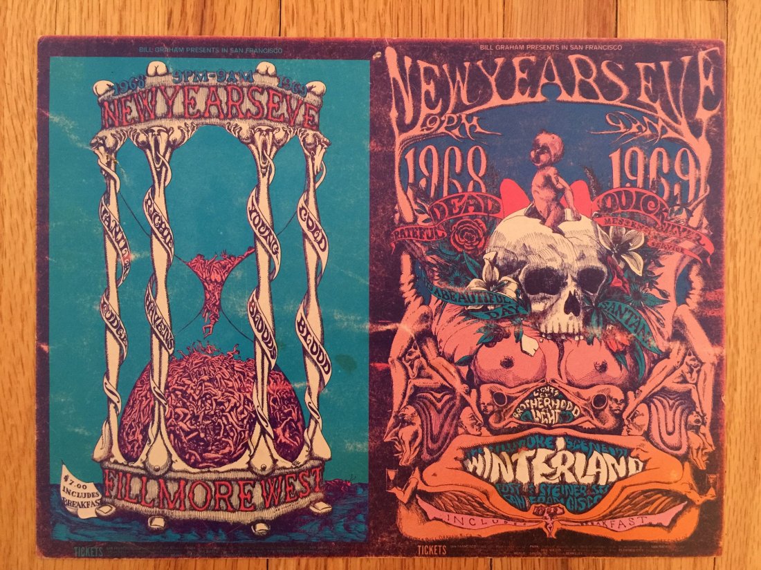 UNCUT DOUBLE POSTCARD - FILLMORE WEST - GRATEFUL DEAD: RARE UNCUT DOUBLE POSTCARD - FILLMORE WEST - GRATEFUL DEAD - NEW YEARS EVER - 1968 - 1969. LEFT SIDE OF CARD READS: Vanilla Fudge, Ritchie Havens, Youngbloods, Coldblood. at Fillmore West. RIGHT SIDE 