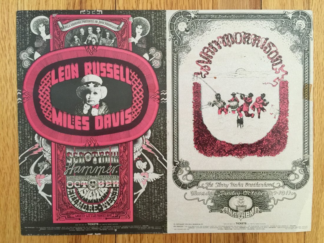 RARE UNCUT DOUBLE POSTCARD - FILLMORE WEST - VAN MORRIS: RARE UNCUT DOUBLE POSTCARD - FILLMORE WEST - VAN MORRISON. LEFT SIDE OF CARD READS: Leon Russel, Miles Davis, Sea Train, Hammer. at Fillmore West. RIGHT SIDE OF CARD READS: Van Morrison, Captain Beefh