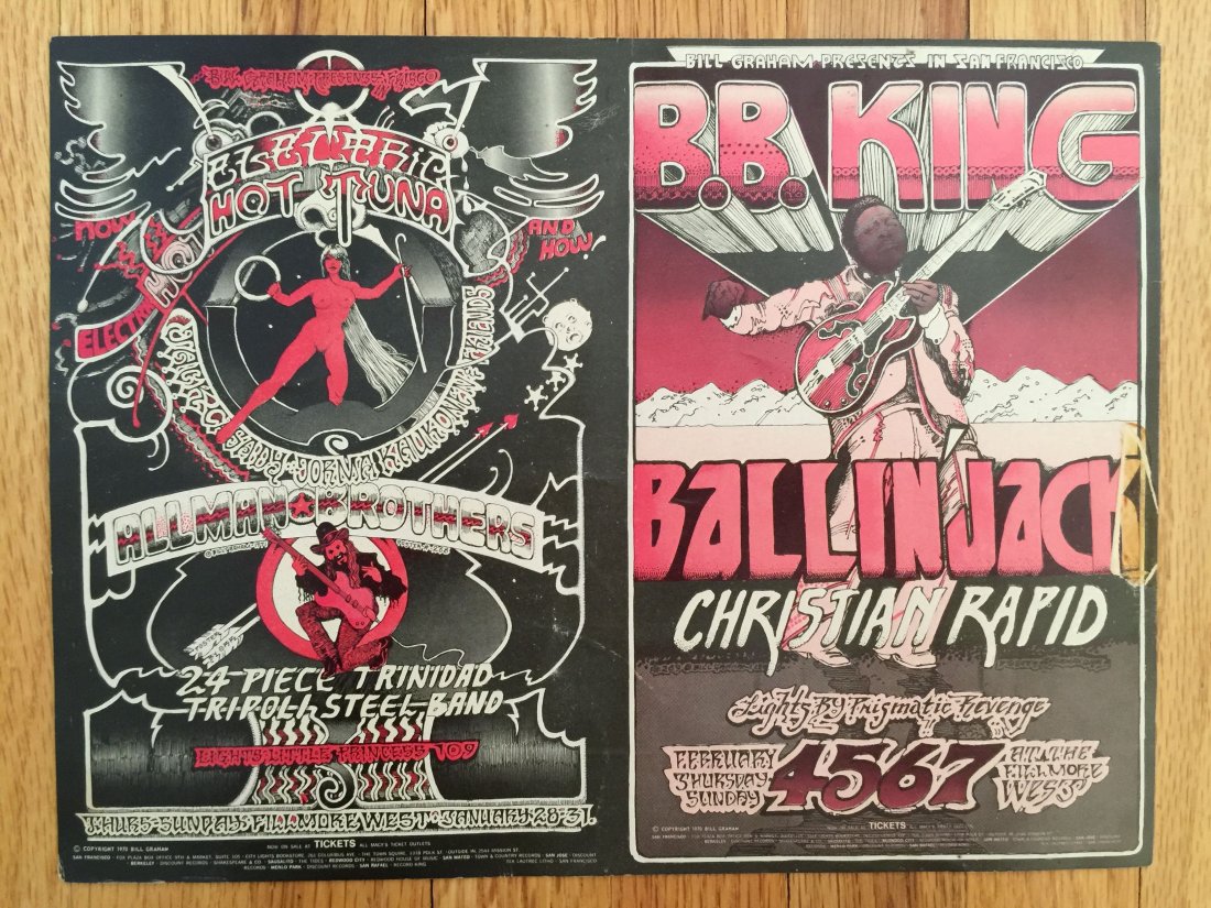 RARE UNCUT DOUBLE POSTCARD - FILLMORE WEST - B.B. KING: RARE UNCUT DOUBLE POSTCARD - FILLMORE WEST - B.B. KING. - LEFT SIDE OF CARD READS: Hot Tuna, Allman Brothers.24 Piece Trinidad Tripoli Steel Band. RIGHT SIDE OF CARD READS: B.B. KING, BallIn Jack, Chr