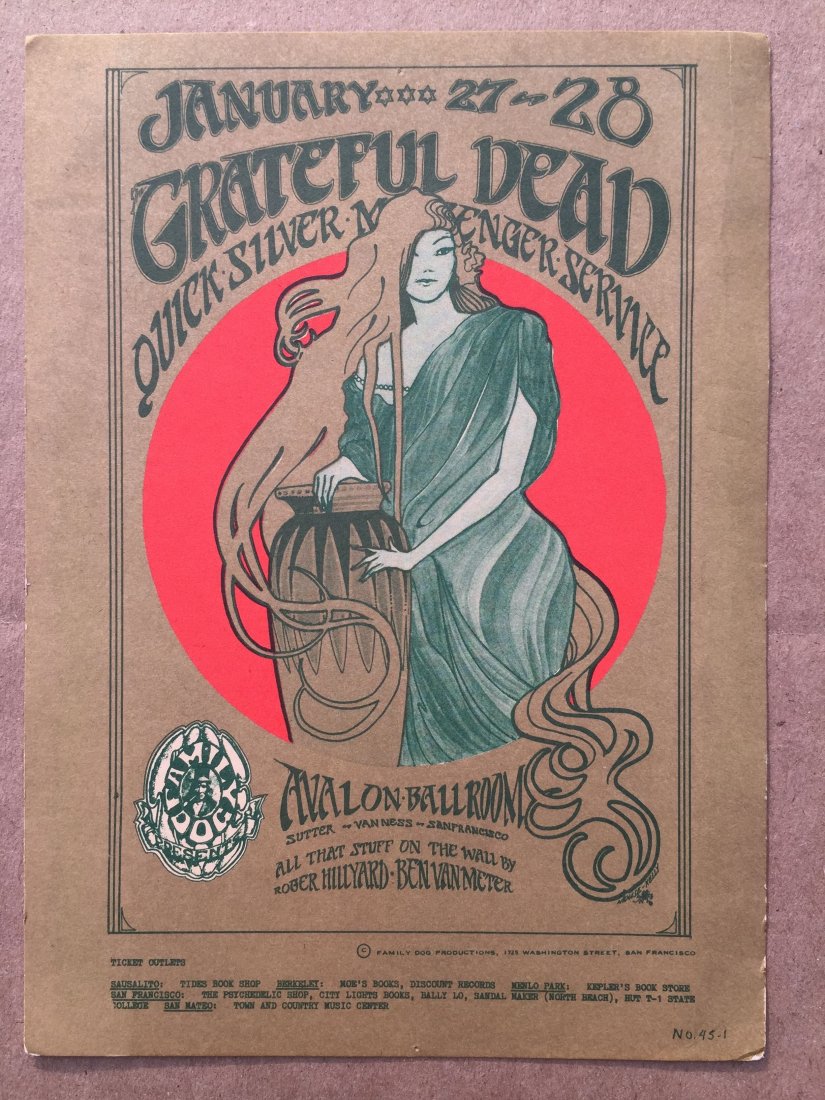 Grateful Dead Postcard -FD45-1 -ORIGINAL FIRST PRESSING: Grateful Dead Postcard - FD45-1 - ORIGINAL FIRST PRESSING. PERFORMER: Grateful Dead, Quicksilver Messenger Service. ARTIST: Stanley Mouse, Alton Kelley. DATE: Jan 27, 1967 - Jan 28, 1967. VENUE: Avalo