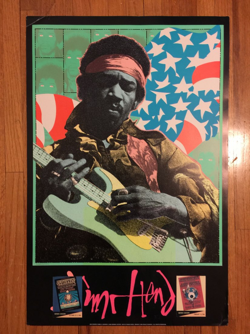 JIMI HENDRIX - KOZIK #9060 of 25000: JIMI HENDRIX - KOZIK #9060 of 25000. Poster is in fair condition with some stickiness over the front. Also has two collector cards stuck on with peel off light glue, but have not removed those. You ca