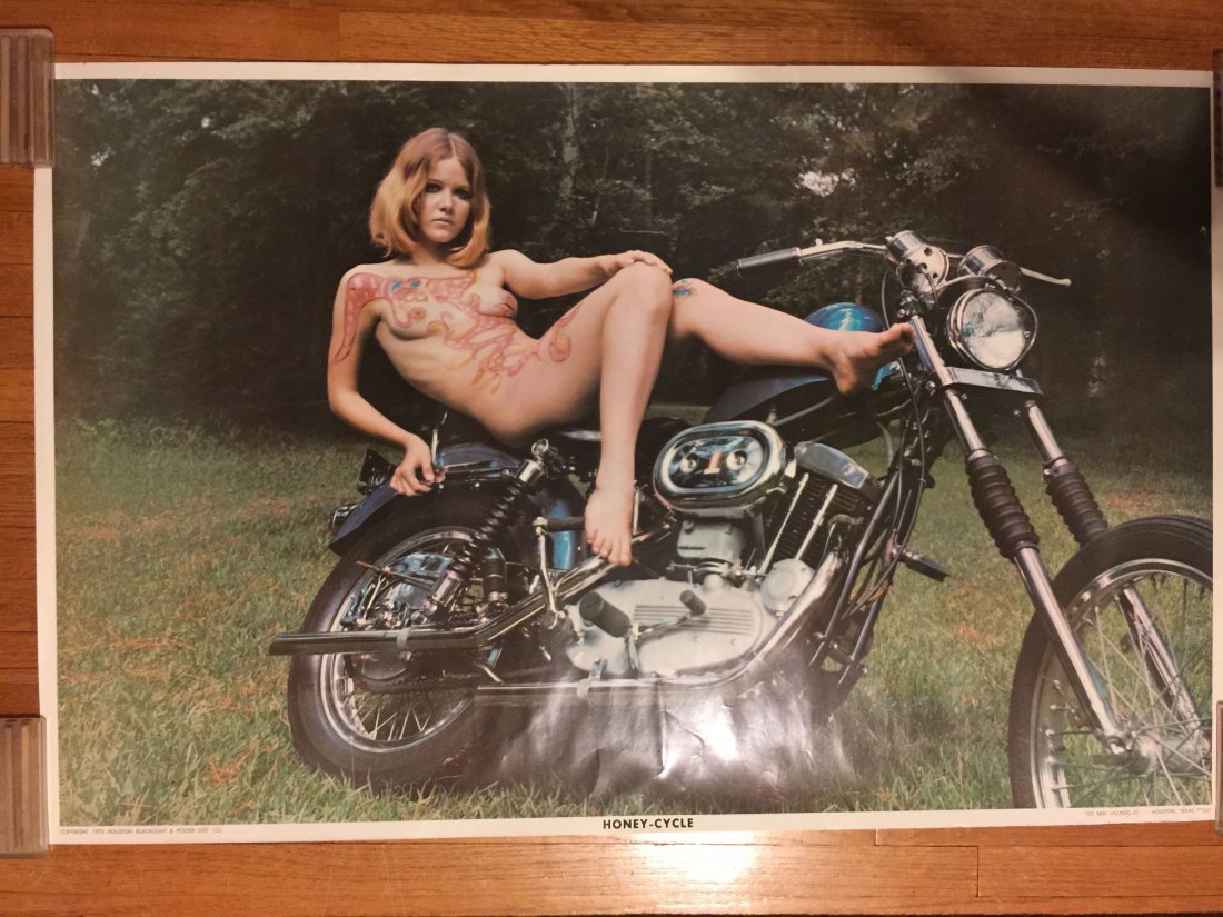 HONEY-CYCLE - 1970 HOUSTON BLACKLIGHT HIPPY POSTER: HONEY-CYCLE - 1970 HOUSTON BLACKLIGHT HIPPY POSTER. Similar to the Pandora Productions posters of 1969, these Houston BL posters tried to capitalize on the hippy / motorcycle / Harley Davidson woman. 