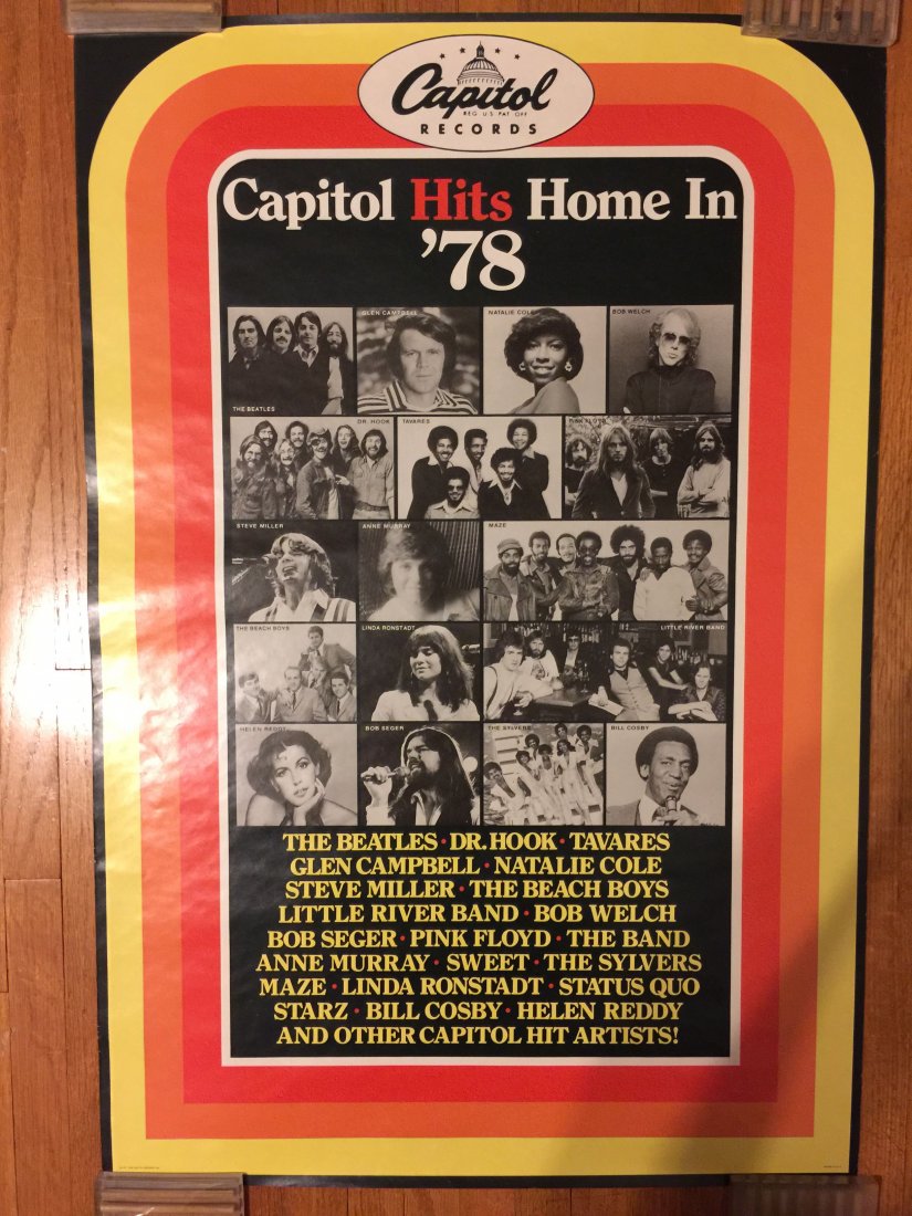 1978 CAPITOL RECORDS PROMO POSTER: 1978 CAPITOL RECORDS PROMO POSTER. Features the Beatles, Glen Campbell, Steve Miller, Beach Boys, Bob Welch, Pink Floyd. Bill Cosby and many more. A great lineup for the company in those days, earning