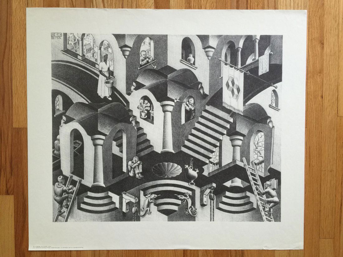 M.C. ESCHER 1970 PRINT: M.C. Escher - Hol en Bol (Convex and Concave) 1970 Hattem-Holland. The MC Escher Foundation. Near Mint for being 45 years old.23-1/2 x 27.