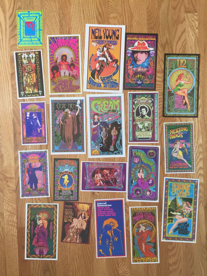 AMAZING SET OF BOB MASSE CONCERT POSTCARDS: AMAZING SET OF BOB MASSE CONCERT POSTCARDS. Set #1 contains 20 cards. All Mint condition. Various sizes. CREAM, Led Zeppelin, Stevie Nicks, Bob Dylan, Fleetwood Mac, Neil Young, Jimi Hendrix and so ma