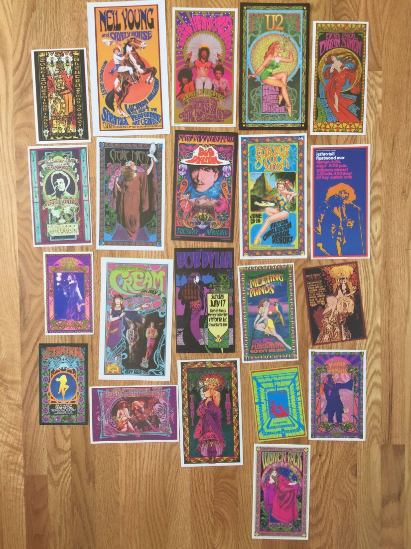 AMAZING SET OF BOB MASSE CONCERT POSTCARDS: AMAZING SET OF BOB MASSE CONCERT POSTCARDS. Set #1 contains 21 cards. All Mint condition. Various sizes. CREAM, Led Zeppelin, Stevie Nicks, Bob Dylan, Fleetwood Mac, Neil Young, Jimi Hendrix and so ma