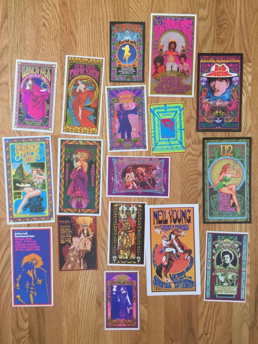 AMAZING SET OF BOB MASSE CONCERT POSTCARDS: AMAZING SET OF BOB MASSE CONCERT POSTCARDS. Set #1 contains 17 cards. All Mint condition. Various sizes. Janis Zoplin, Bob Dylan, Neil Young, Doors, Jethro Tull, Led Zeppelin, U2, Jimi Hendrix and mor
