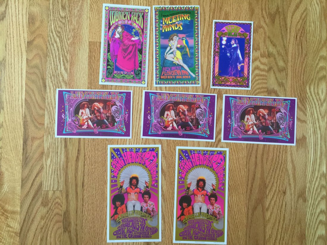 LAST SET OF BOB MASSE CONCERT POSTCARDS: AMAZING SET OF BOB MASSE CONCERT POSTCARDS. Set #1 contains 8 awesome cards. All Mint condition. Various sizes. You get DUPLICATES so you can give away or sell a couple of them !!! Including Jimi Hend
