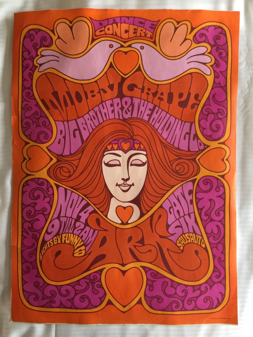 MOBY GRAPE - BIG BROTHER - DANCE CONCERT POSTER: Rare poster by Portal Publications. About 16inx22in - from a 1967 concert at THE ARK in Sausalito, CA. The Ark, an old converted Ferry boat (the Charles Van Damme) at Gate 6 in Sausalito, served as a