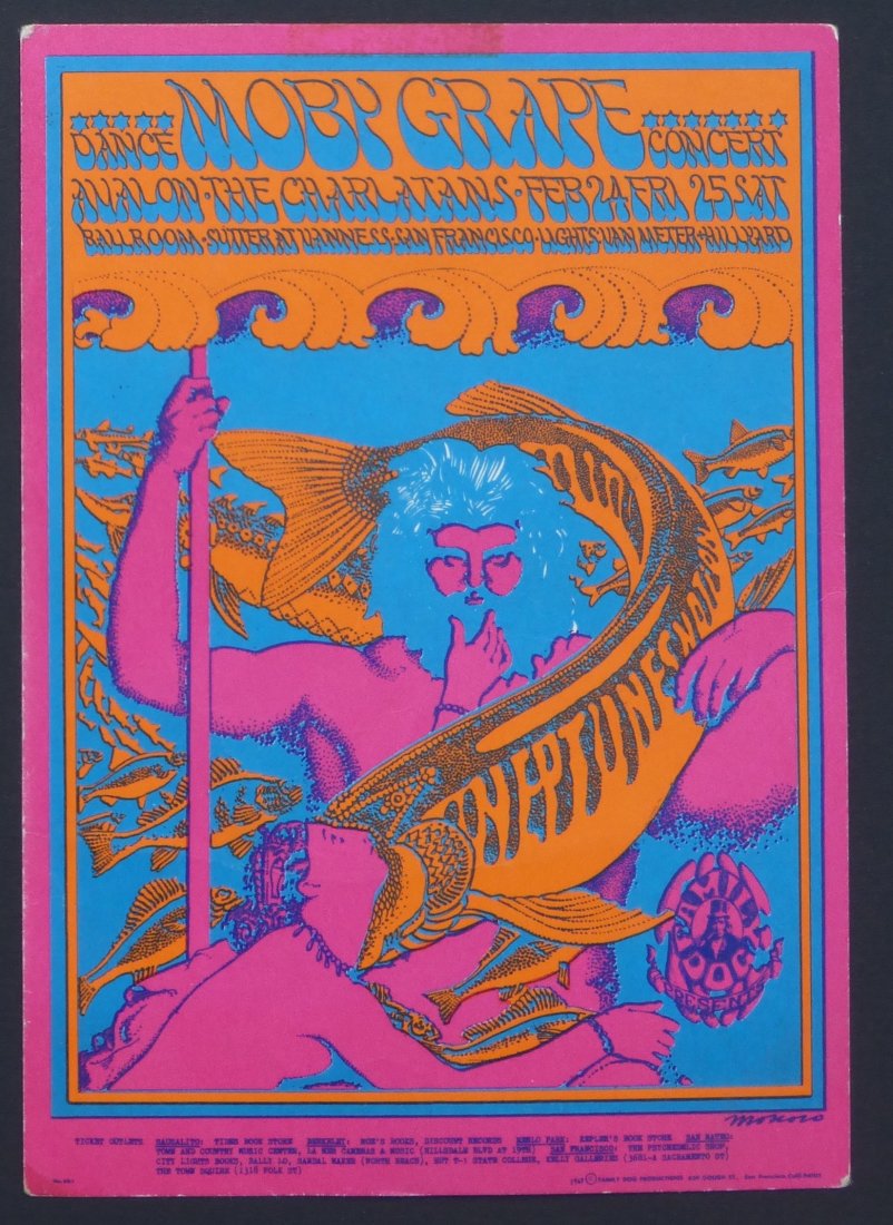 FD049 - Moby Grape Postcard - 1st pressing: FD049 - Moby Grape Postcard The postcard was printed once before the concert and measures 5" x 6 1/16". PERFORMER: Moby Grape The Charlatans LIGHT SHOW: Ben Van Meter, Roger Hillyard ARTIST: Victor Mo