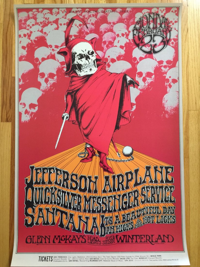 JEFFERSON AIRPLANE - BG222-A (2nd) Printing: JEFFERSON AIRPLANE - BG222-A (2nd) Printing. Santana, Quicksilver, Dan Hicks, It's a Beautiful Day. The 2nd printing is on smooth glossy stock and has a Wolfgang's Vault notation in the lower right ha