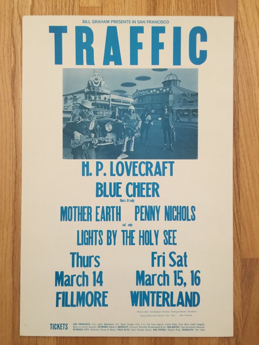 Traffic/HP Lovecraft: BG-111: Traffic/HP Lovecraft: BG-111. 2nd printing on glossy stock. 14 x 21 1/8”.PERFORMER:TrafficH.P. LovecraftBlue Cheerand 2 moreLIGHT SHOW: Holy SeeBG111ARTIST: Stanley Mouse, Alton Kelley, Bob Seideman