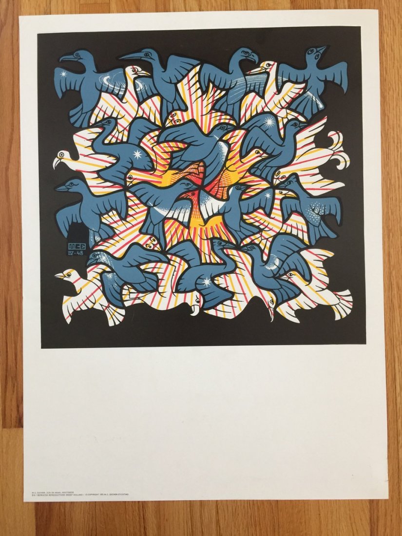 M.C. ESCHER PRINT - 1970 - SUN AND MOON: M.C. ESCHER 1968 PRINT - SUN AND MOON. Original. About 22" wide. Mint to near Mint. Marked M.C. Escher Zon En Maan. Houtsnede. Wezep Holland. 1970 M.C. Escher-Stichting