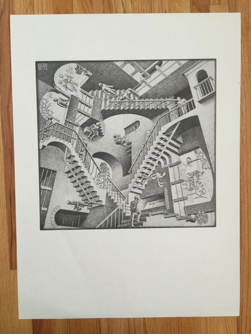 M.C. ESCHER PRINT - 1970's - RELATIVITY: M.C. ESCHER PRINT - 1970's - RELATIVITY. M.C. ESCHER 1968 PRINT - RELATIVITY. Original. About 22" wide. Mint to near Mint.