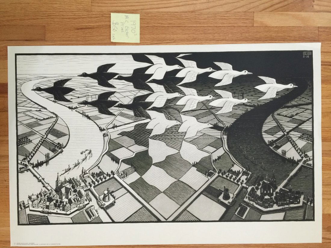 M.C. ESCHER PRINT - 1970 - DAY & NIGHT: M.C. ESCHER PRINT - 1970 - DAY & NIGHTM.C. ESCHER 1970 PRINT - DAY & NIGHT. Original. About 32 inches wide. Mint to near Mint. Marked M.C. Escher DAG EN NACHT. Houtsnede. WEZEP HOLLAND