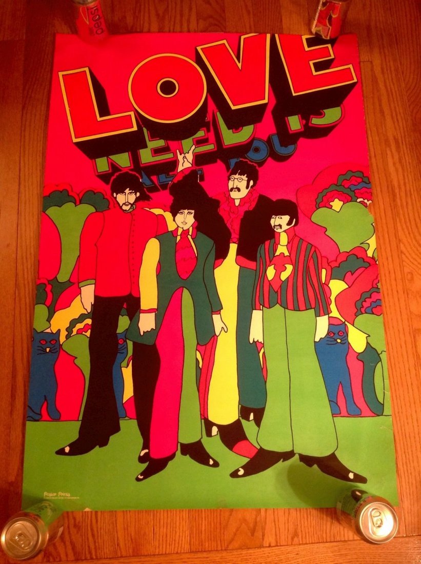 Genuine 1969 Beatles All You Need Is Love Blacklight Po: Genuine 1969 Beatles All You Need Is Love Blacklight Poster. From the Yellow Submarine movie. There is some edge wear and some light tape. Please check the pics. 23.5" x 35".