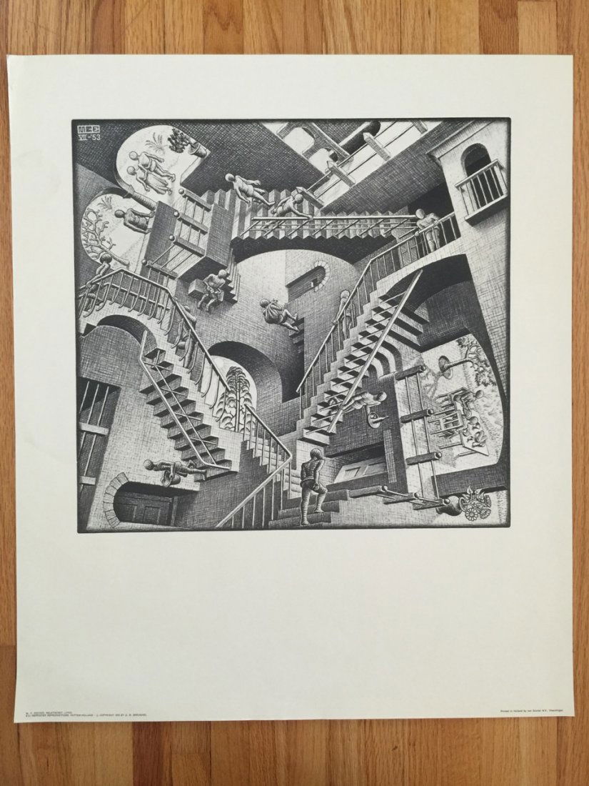 M.C. ESCHER PRINT - 1970's - RELATIVITY: M.C. ESCHER PRINT - 1970's - RELATIVITY. M.C. ESCHER 1968 PRINT - RELATIVITY. Original. About 22" wide. Mint to near Mint.