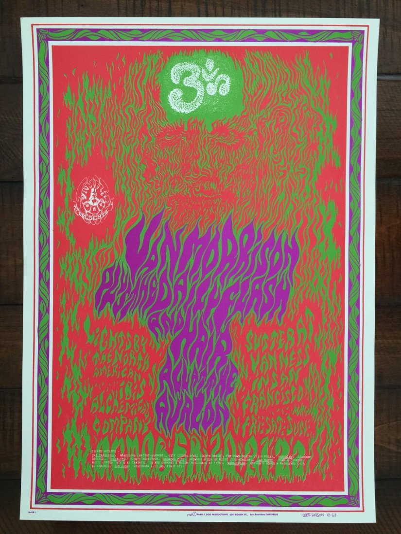 VAN MORRISON - FD88 - 1st - WES WILSON ART - FD88: VAN MORRISON - FD88 - 1st and only printing - WES WILSON ART. PERFORMER:Van MorrisonThe Daily FlashHairLIGHT SHOW:North American Ibis Alchemical Co.ITEM NUMBER:FD088-POARTIST:Wes WilsonDATE:Oct 20, 19