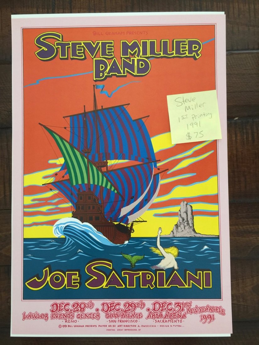 STEVE MILLER - JOE SATRIANI - BGP052: STEVE MILLER - JOE SATRIANI - BGP052 - first and only printing.Randy Tuten, a fan of the Steve Miller Band, thought of this concert as a cruise through musical history and gave the poster a dream-like