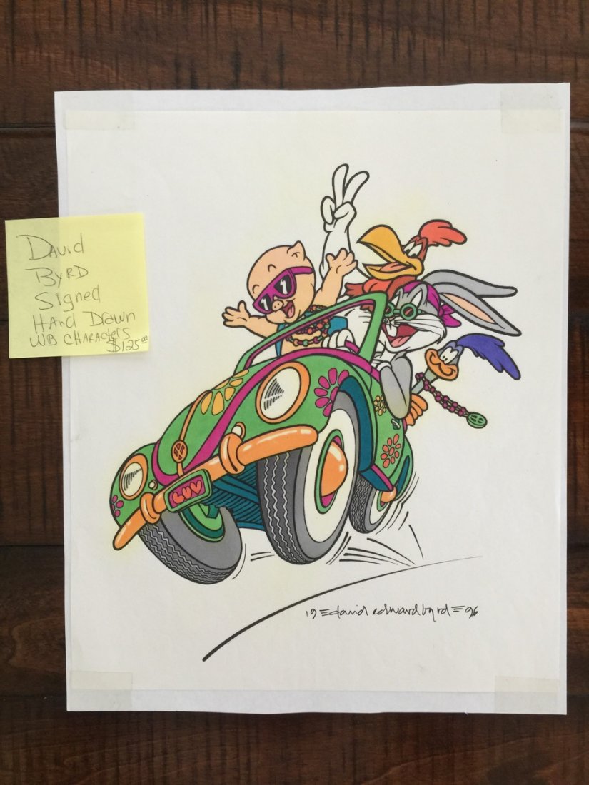 DAVID BYRD DRAWN LOONEY TUNES HIPPIE VW: DAVID BYRD DRAWN LOONEY TUNES HIPPIE VW. Original - ONE OF A KIND. Signed by artist. MINT. Road Runner, Porky Pig, Foghorn Leghorn and Bugs Bunny all take a drive in a hippy Volkswagen love bug. David