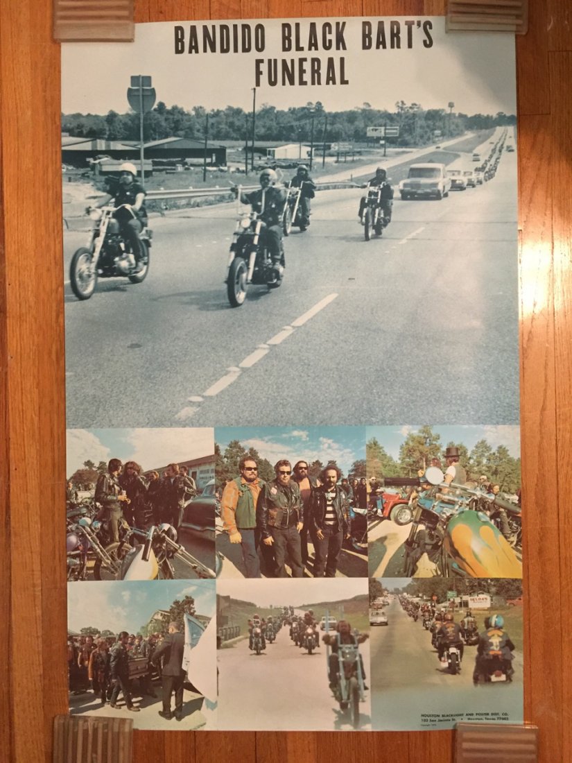 Bandido's Motorcycle Club poster: Bandido's Motorcycle Club poster. Bandido Black Bart's Funeral. 1970 Houston Blacklight Poster. about 24 x 36.