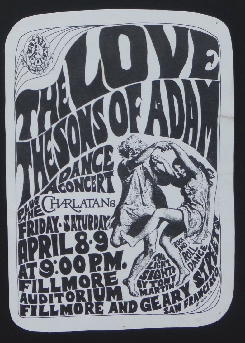 FD004 - postcard - Love and The Sons of Adam: FD004 - LOVE 5 x 7" - WITH CUT CORNERS PERFORMER: Love The Sons of Adam The Charlatans LIGHT SHOW: Tony Martin's Light Show ARTIST: Wes Wilson DATE: Apr 8, 1966 VENUE: Fillmore Auditorium (San Francis