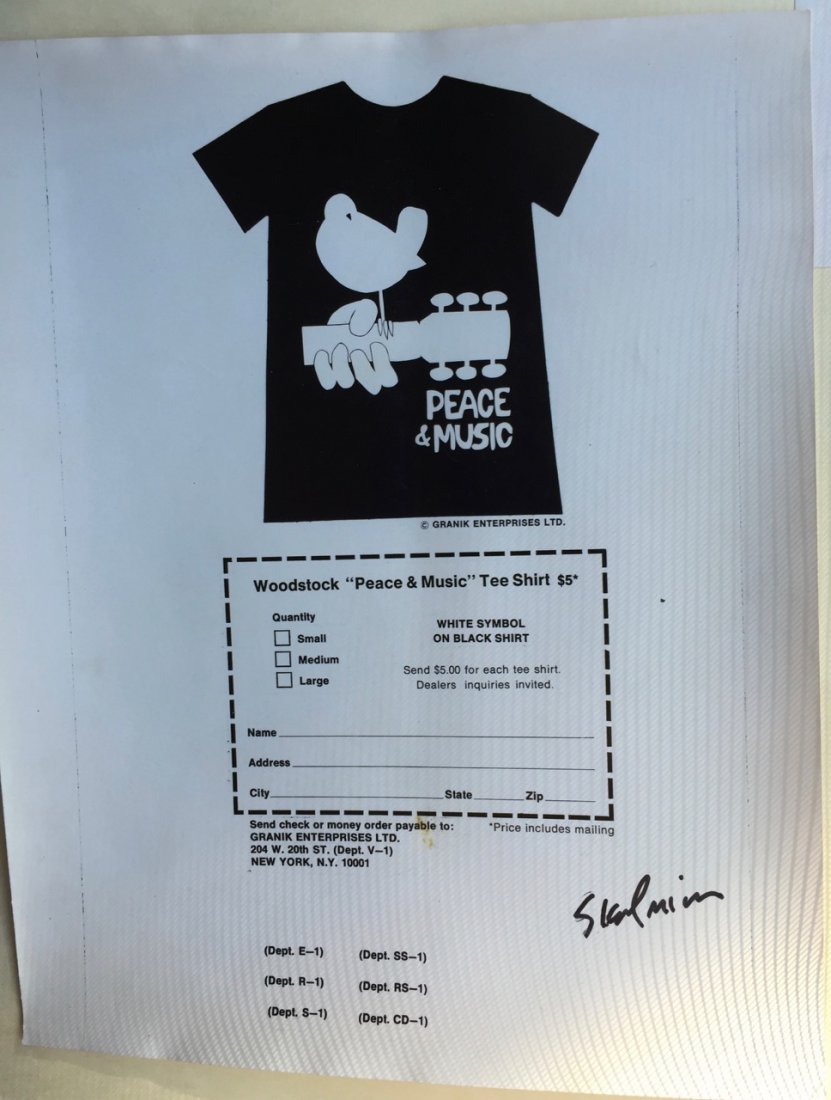 VERY RARE WOODSTOCK MUSIC 1969 T-SHIRT ORDER FORM: VERY RARE WOODSTOCK MUSIC 1969 T-SHIRT ORDER FORM. Designed by Arnold Skolnick. Signed by the artist and direct from Mr. Skolnicks estate collection. Last know Woodstock item from his vault. T-SHIRT O