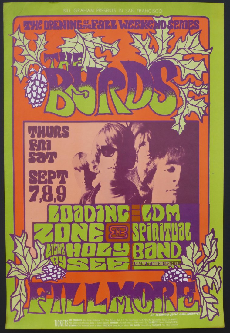 BG082 - The Byrds - 1st: BG082 - The Byrds - 1st. The Fall Weekend Series opened with the Byrds for a three night run which also featured LDM, a group of Indian musicians. Jim Blashfield's artwork is an odd autumn combination