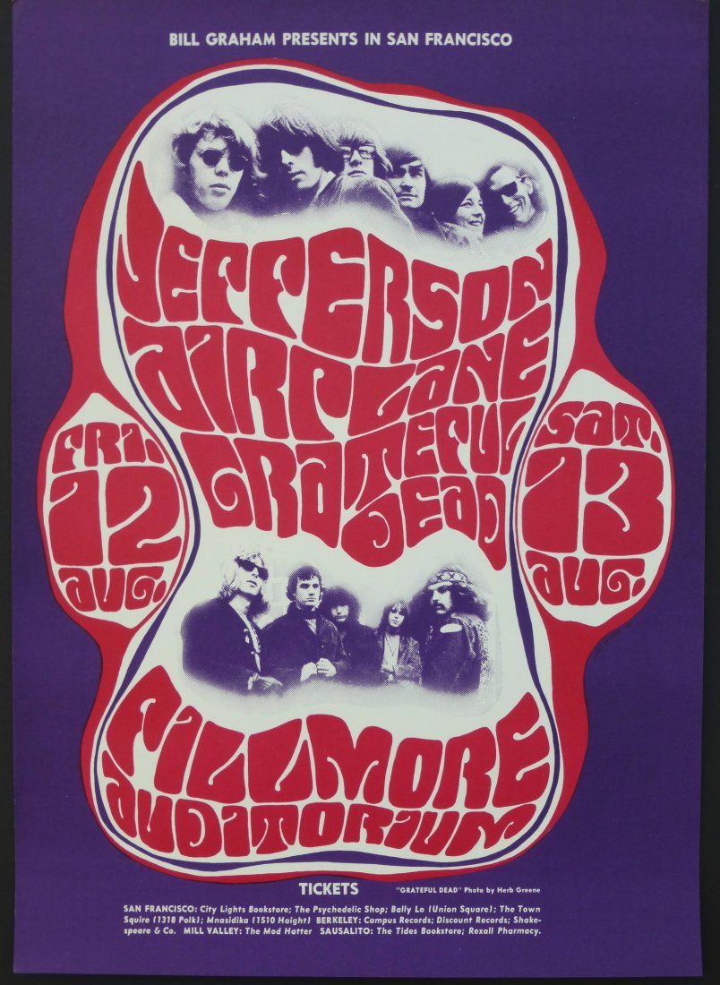 BG023 - Jefferson Airplane & Grateful Dead: BG023 - Jefferson Airplane & Grateful Dead - 1st near mint condition. BG023 is the first example of a rock poster to feature band photographs, these by Herb Greene. Wilson's lettering, by now evolved 