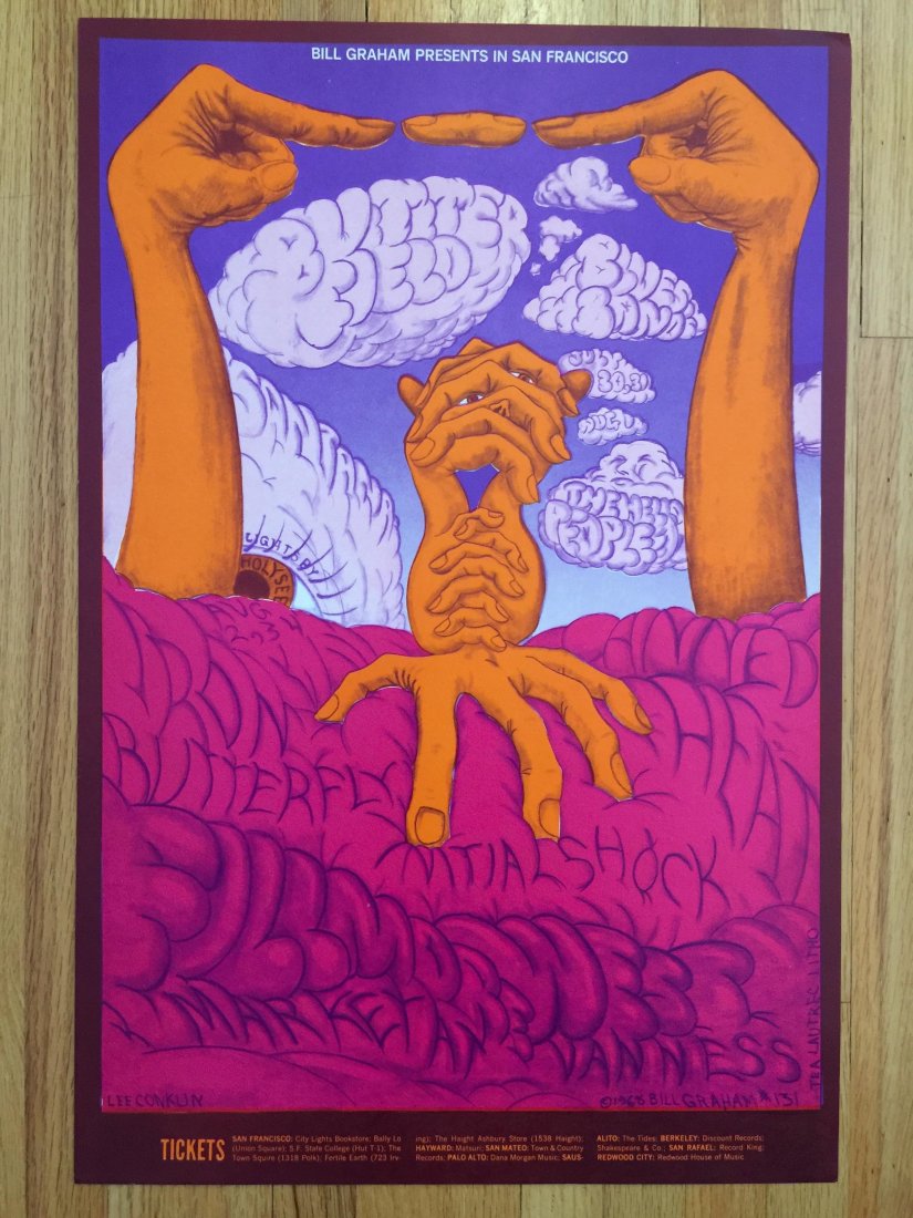 The Paul Butterfield Blues Band - BG131: The Paul Butterfield Blues Band - BG131 - 1st. PERFORMER: The Paul Butterfield Blues Band, Santana, Hello People LIGHT SHOW: Holy See ITEM NUMBER: BG131-PO ARTIST: Lee Conklin DATE: Jul 30, 1968 VENUE