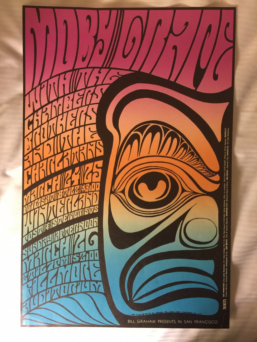 Moby Grape -Â BG056: Moby Grape -Â BG056 Wes Wilson was trained as a draftsman and took inspiration for his artwork from many sources. BG056 shows heavy African influence in the nonplussed expression of the mask frontin