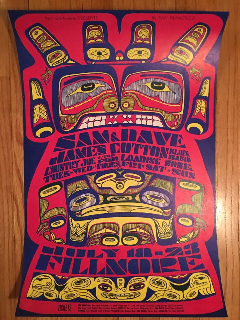 Sam & Dave - BG073: Sam & Dave - BG073, MacLean drew from diverse cultural imagery with dancing meso-american Indian totems on BG073. The bill was another interesting, six day menu of blues and rock offerings. The poster