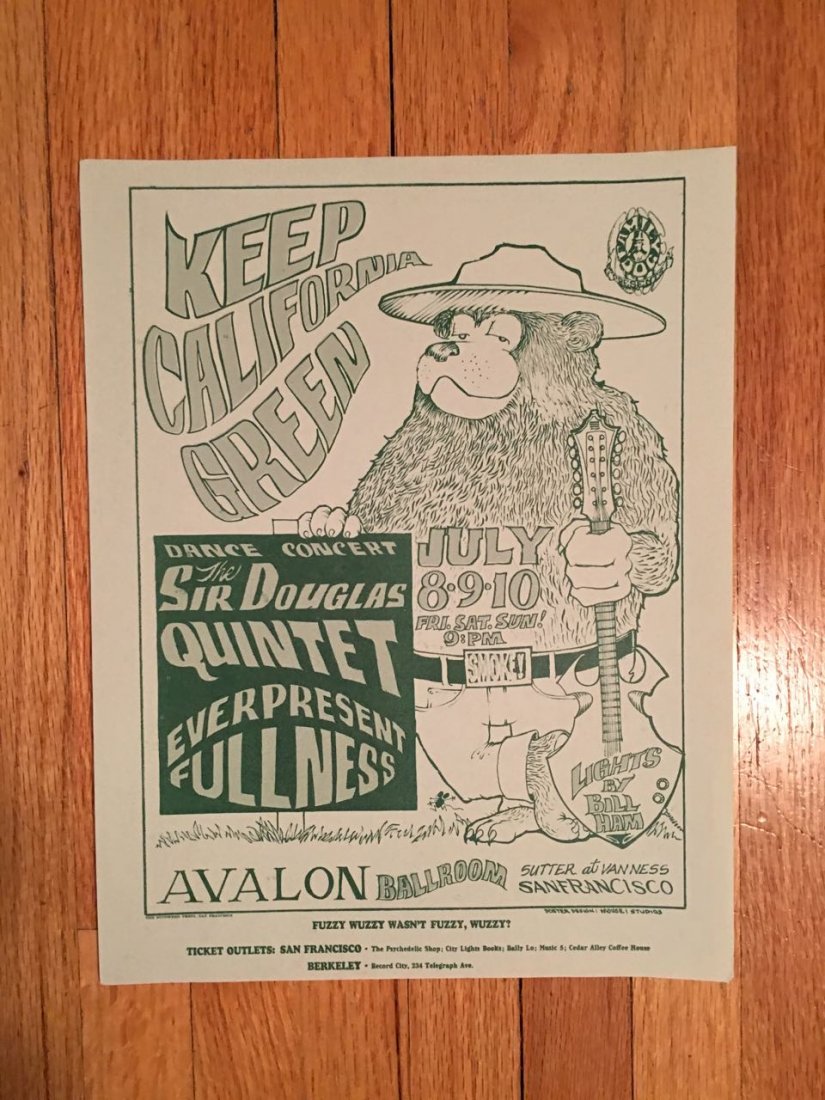 MINT HANDBILL - FD016-HB Sir Douglas Quintet - Smokey: MINT HANDBILL - FD016-HB Sir Douglas Quintet - Smokey The Bear TOUR/SHOW: Keep California Green PERFORMER: The Sir Douglas Quintet, Everpresent Fullness LIGHT SHOW: Bill Ham ITEM NUMBER: FD016-HB ARTI