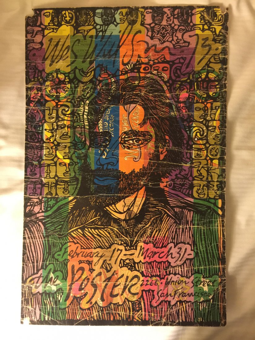 Wes Wilson Poster - 1973. First / Proof.: POS730217. this poster was created for a poster show featuring the artist in san francisco - 1973. this test print was printed on test stock. the back of which has poster and postcard of LONE BULL, 19
