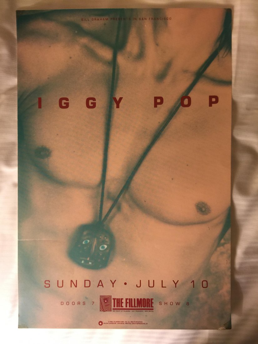 Iggy Pop - F032 - 1st: 1988 by Great Impressions. Artists Arlene Owseichik / Lori Gates. tape in corners, crease bottom left near necklace medallion. 13" x 19 1/2".