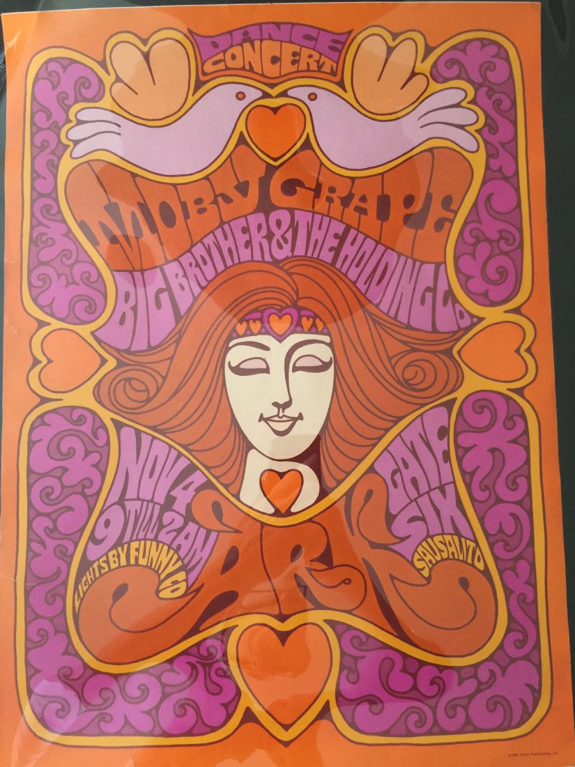 MOBY GRAPE - BIG BROTHER - DANCE CONCERT: Rare poster by Portal Publications. About 16inx22in - from a 1967 concert at THE ARK in Sausalito, CA. The Ark, an old converted Ferry boat (the Charles Van Damme) at Gate 6 in Sausalito, served as a