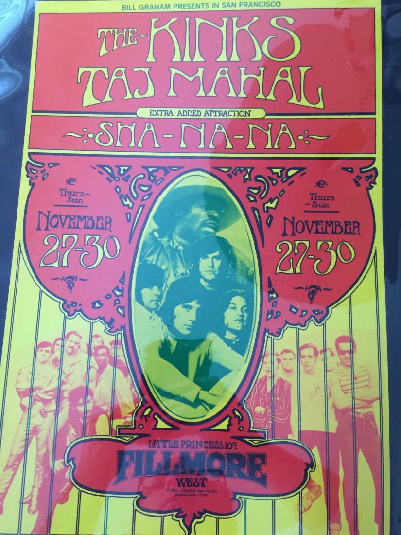 Kinks/Taj Mahal: Fillmore, BG204: Kinks/Taj Mahal: Fillmore, BG-204. 14 x 21 1/8”. Slick, glossy coating. 1st and only printing. PERFORMER: The Kinks, Taj Mahal, Sha Na Na. LIGHT SHOW: Little Princess. ARTIST: Randy Tuten. DATE: Nov