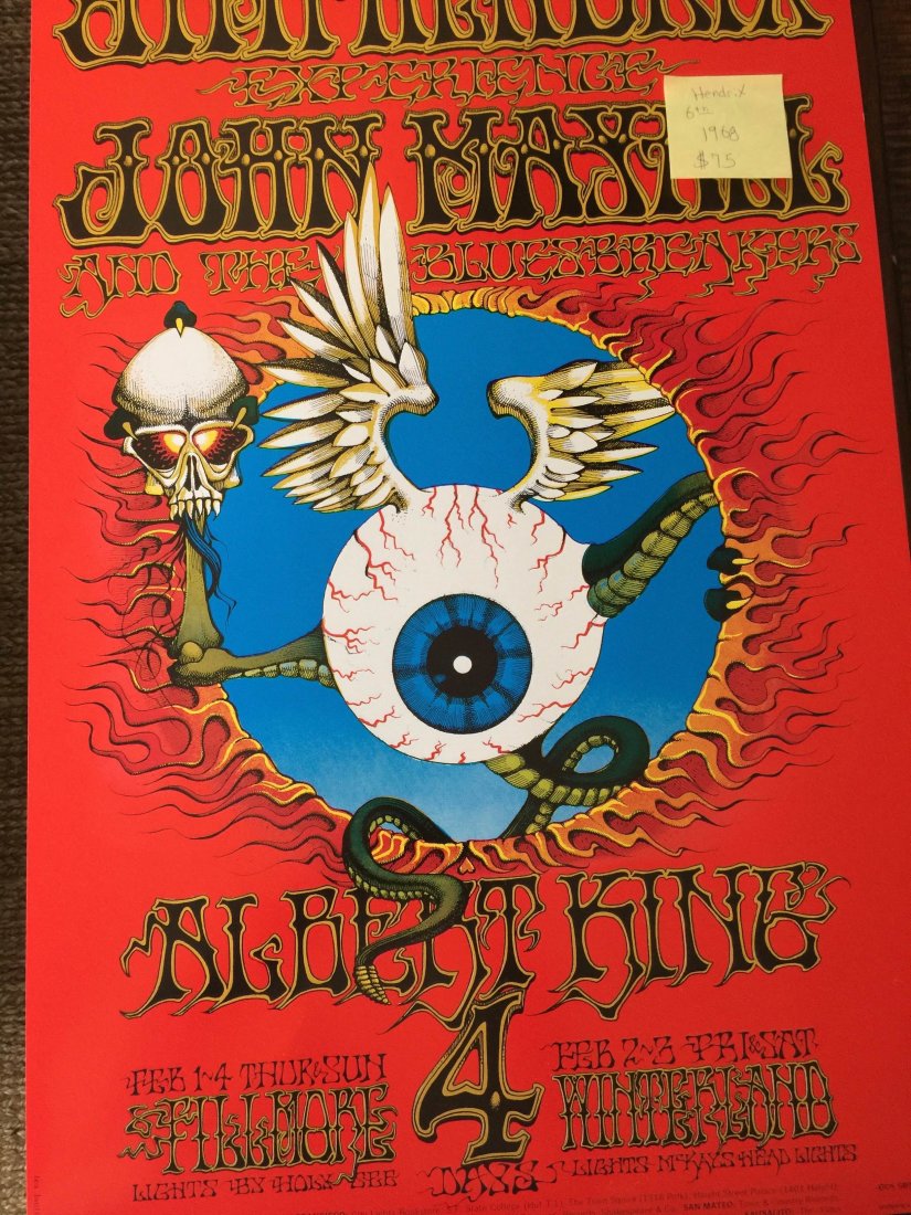 JIMI HENDRIX - BG105 - 6th: JIMI HENDRIX FLYING EYEBALL - 6th PRINTING. The 6th printing is on glossy cover stock and bears the notation "Wolfgang's Vault 2014" in the lower right hand margin. It was printed in 2014 by the Bill
