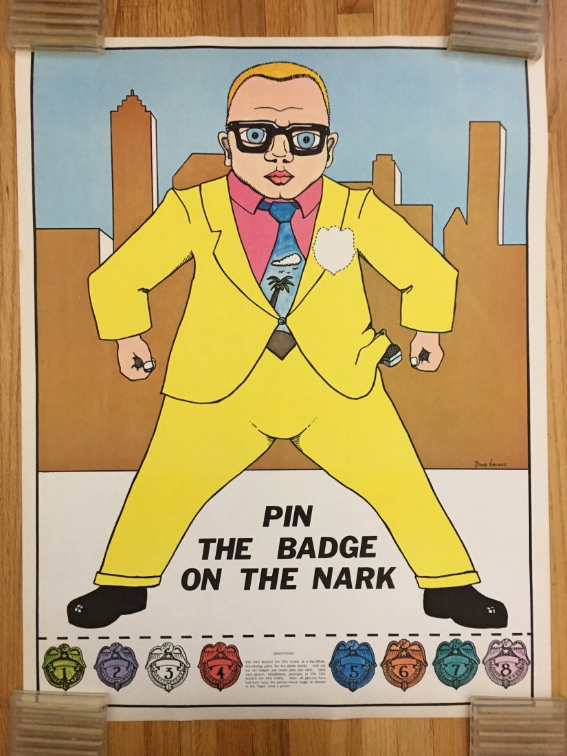 PIN THE BADGE ON THE NARK: PIN THE BADGE ON THE NARK. Cut out the badges and pin them on the drug nark ! 70s.