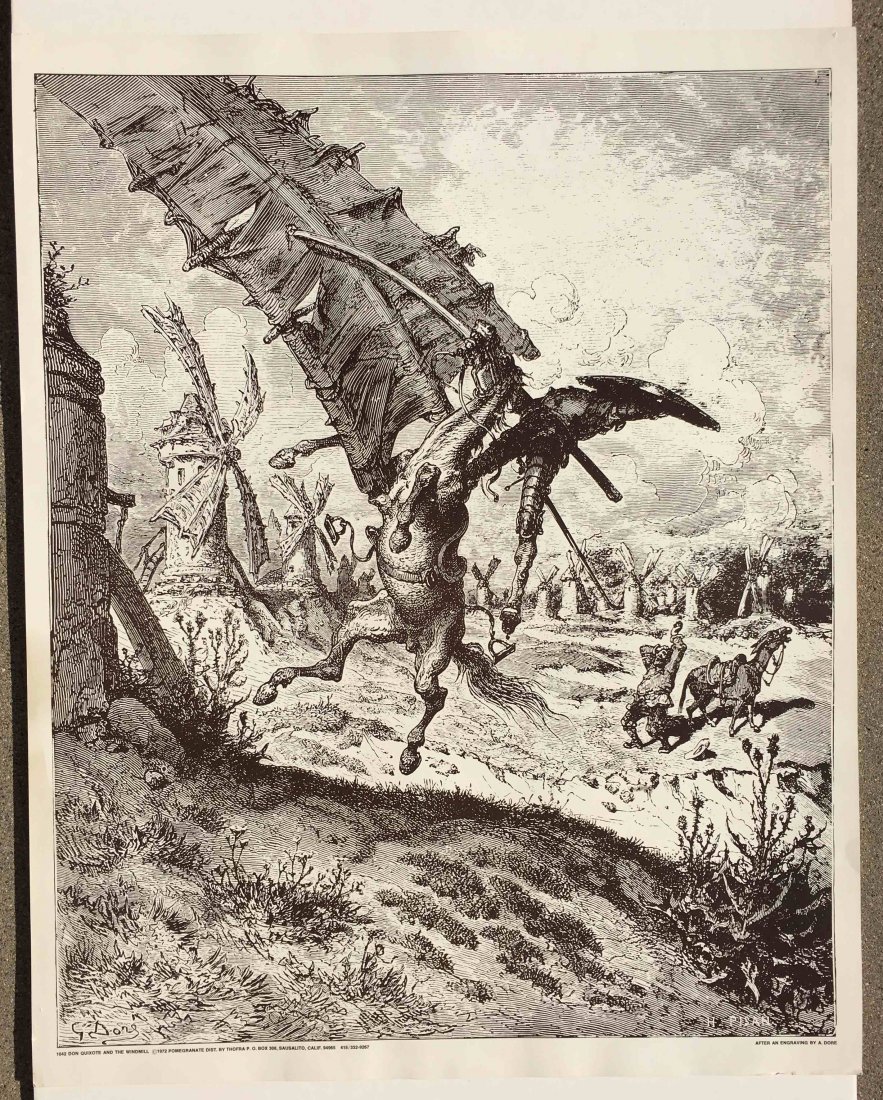 DON QUIXOTE AND THE WINDMILL - 1972: DON QUIXOTE AND THE WINDMILL - 1972. Pomegranate. Distributed by Thofra. After an engraving by A. Dore. Light edge wear and small pinhole in boarder.